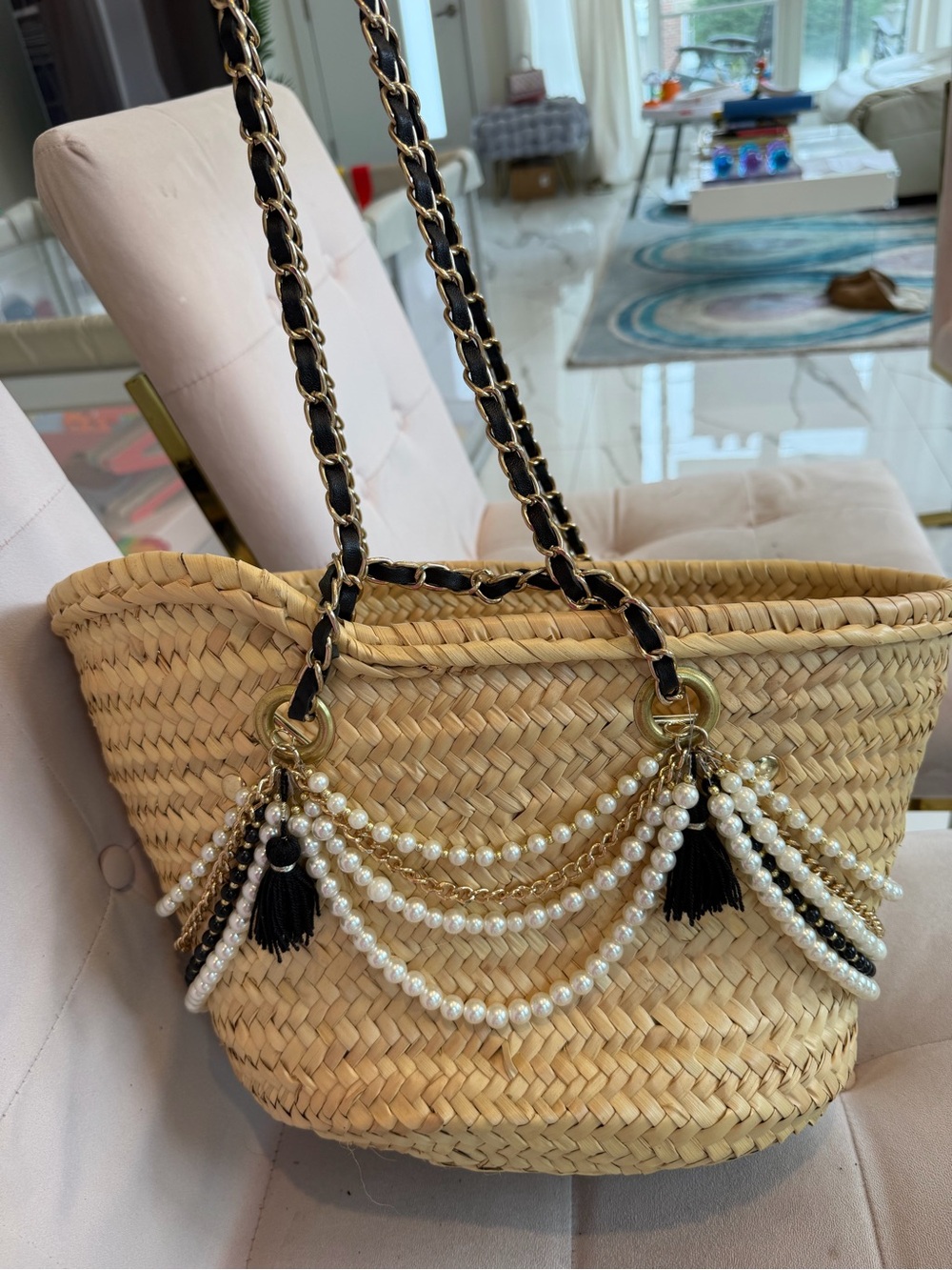 SoldOut Maison Giselle Woven Pearl-Trim Straw Tote Bag with Black Chain Handles
